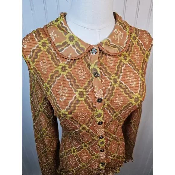 Free People Caught A Feeling Button Down Smocked Blouse Women's Size M New Retro - Picture 2 of 11